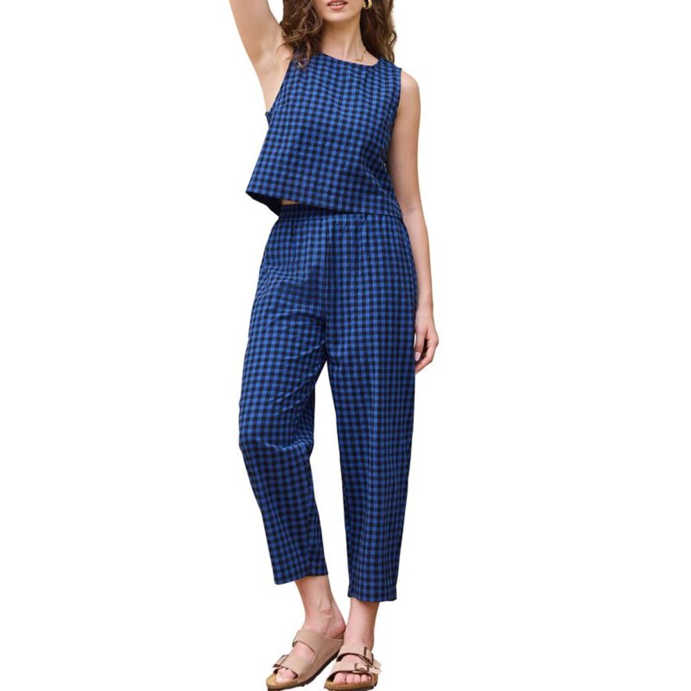 Women Gingham Sleeveless Crop Top and Wide Leg Pants Set Dark Blue